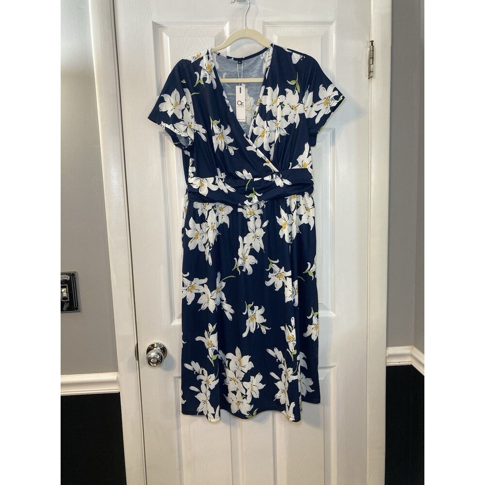 OUGES Navy Floral Wrap Dress Short Sleeve Knee Length XL Pockets